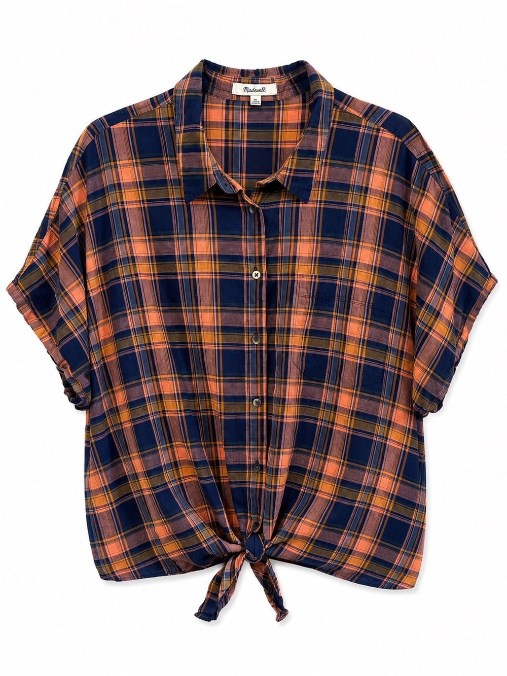 Madewell Women’s XL Plaid Tie Front Short Sleeve Button Shirt 100% Cotton - Picture 2 of 9
